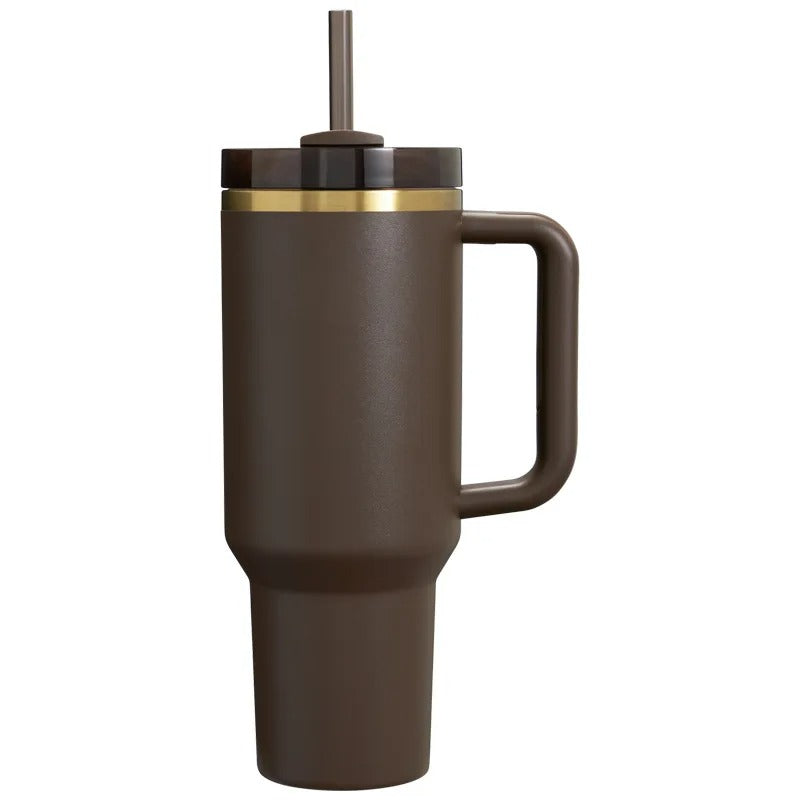 40oz Insulated Stainless Steel Tumbler with Lid & Straw – Large Capacity Vacuum Car Mug with Handle - Delicate Leather