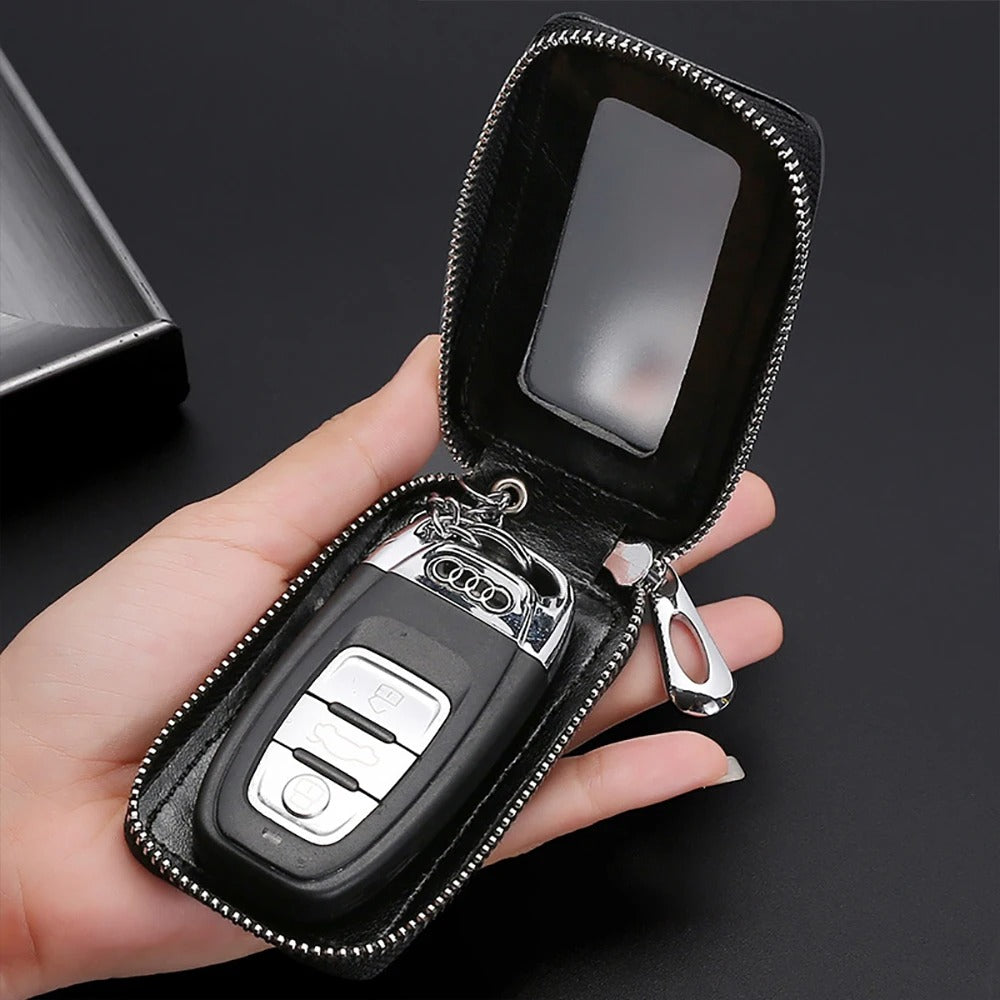 Universal Car Key Case – Transparent Mini Keychain Bag with Cowhide Leather and Metal Buckle - Delicate Leather