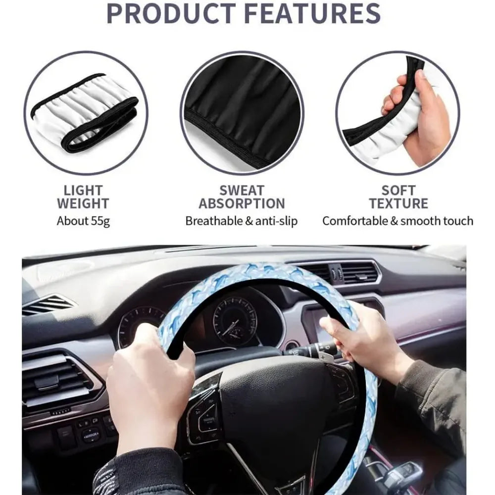 Swimming Dolphin Steering Wheel Cover, Small multicolor turtles on blue fabric, Car Steering Wheel Cover, Car Accessories 15 - Delicate Leather