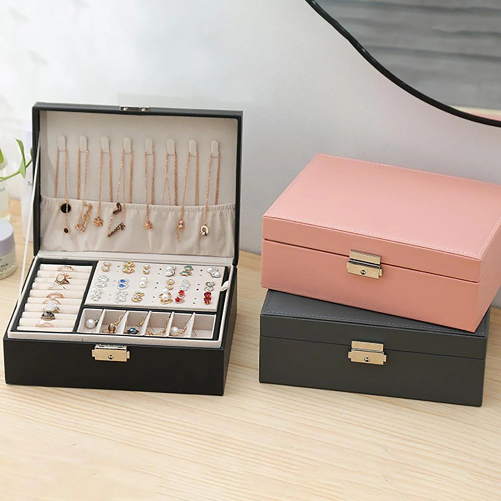 Portable Jewelry Box - Jewelry Organizer Display Travel Case, 2 Layer Leather Jewelry Box for Women, Large Capacity, Lockable Organizer Holder - Delicate Leather