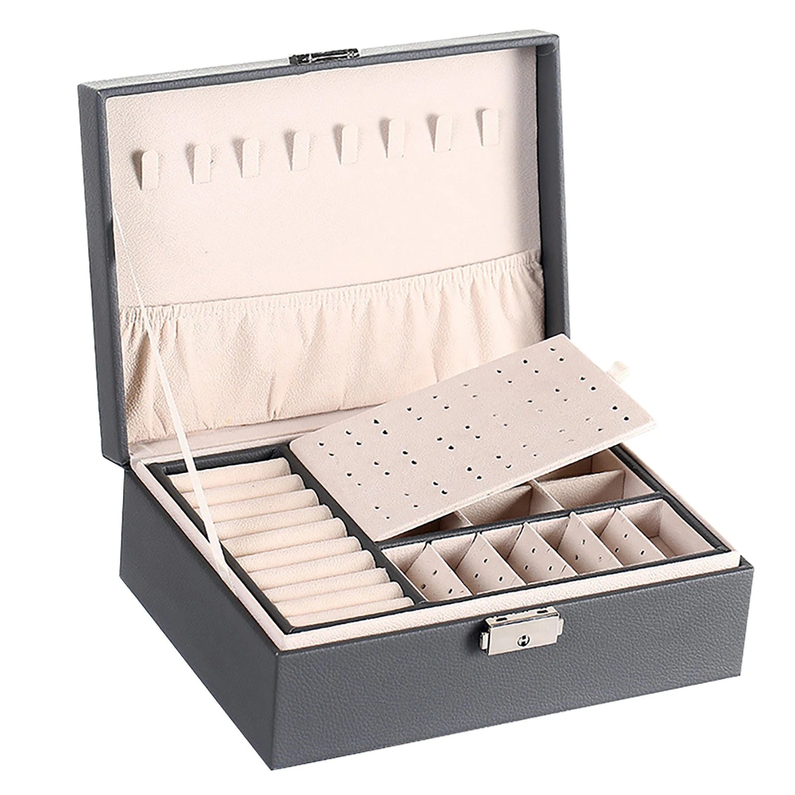 Portable Jewelry Box - Jewelry Organizer Display Travel Case, 2 Layer Leather Jewelry Box for Women, Large Capacity, Lockable Organizer Holder - Delicate Leather