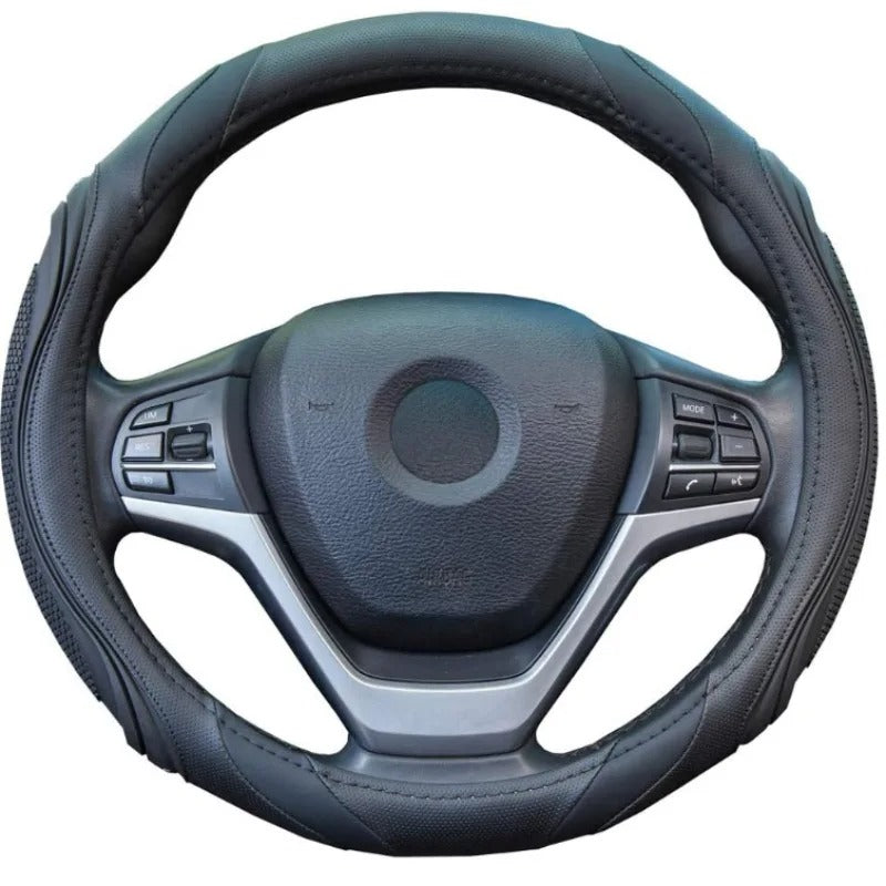 Spliced Leather Steering Wheel Cover – Concave-Convex Massage Design, Non-Slip Universal Fit 38 cm, All-Season Car Interior Accessory - Delicate Leather