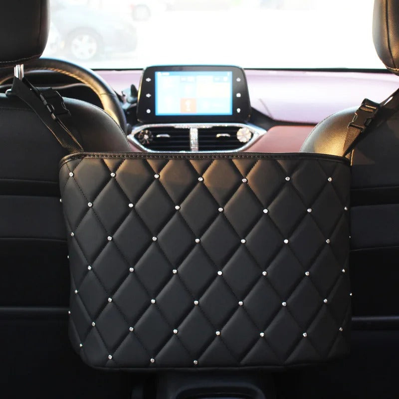 Crystal Rhinestone PU Leather Car Storage Bag – Stylish Backseat Organizer with Multi-Pockets