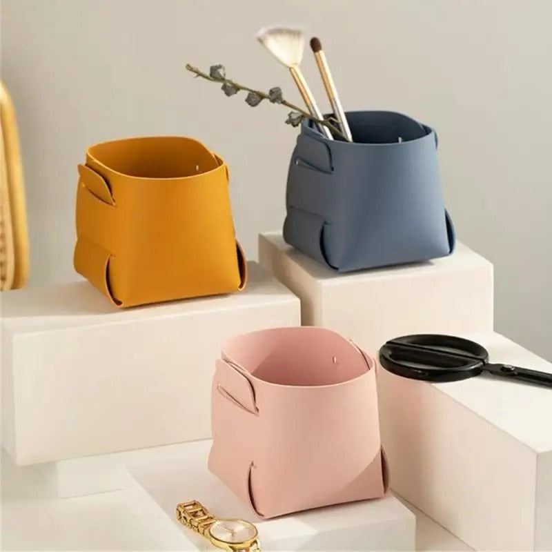 Leather Storage Box, Cosmetics Remote Control Pen Key Basket, Desktop Sundries Storage, Home Organization - Delicate Leather