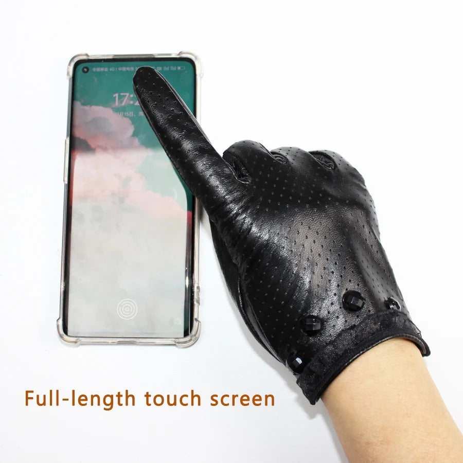 Thin Women's Sheepskin Gloves with Touch Screen and Mesh Design - Delicate Leather