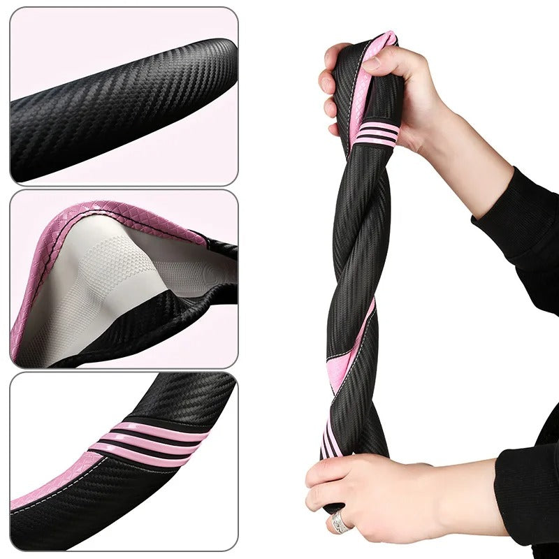 Cute Cat Ear Steering Wheel Cover – Soft Carbon Fiber Pattern, Anti-Slip O/D-Shape Universal 38cm Car Accessory for All Seasons - Delicate Leather
