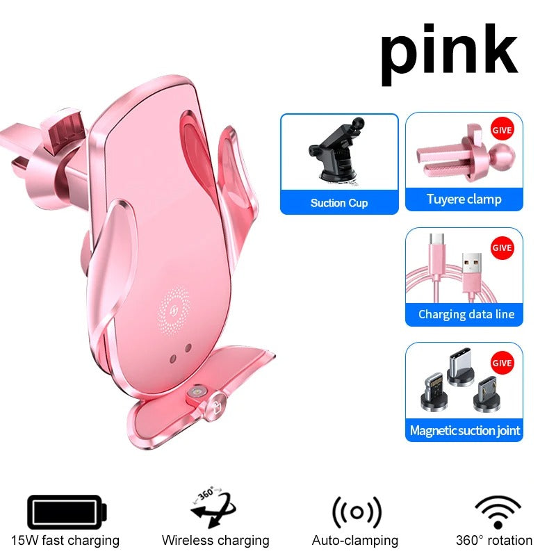 Universal Car Cell Phone Holder Bracket 15W Wireless Charging Handsfree Phone Holder for Dashboard, Windshield, Vent - Delicate Leather