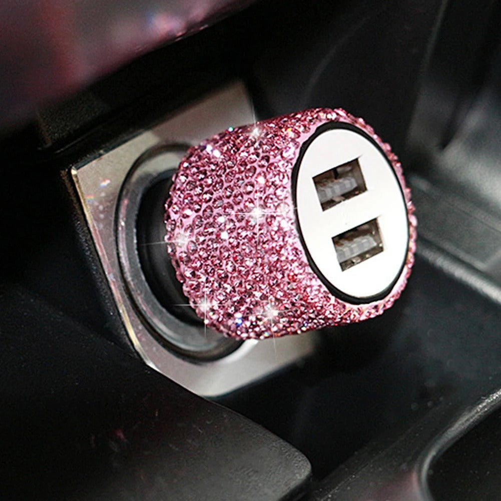 Bling Dual Port USB Car Charger – 5V 2.1A Fast Adapter with Rhinestone Design, Gift For Mother's Day 2025 - Delicate Leather