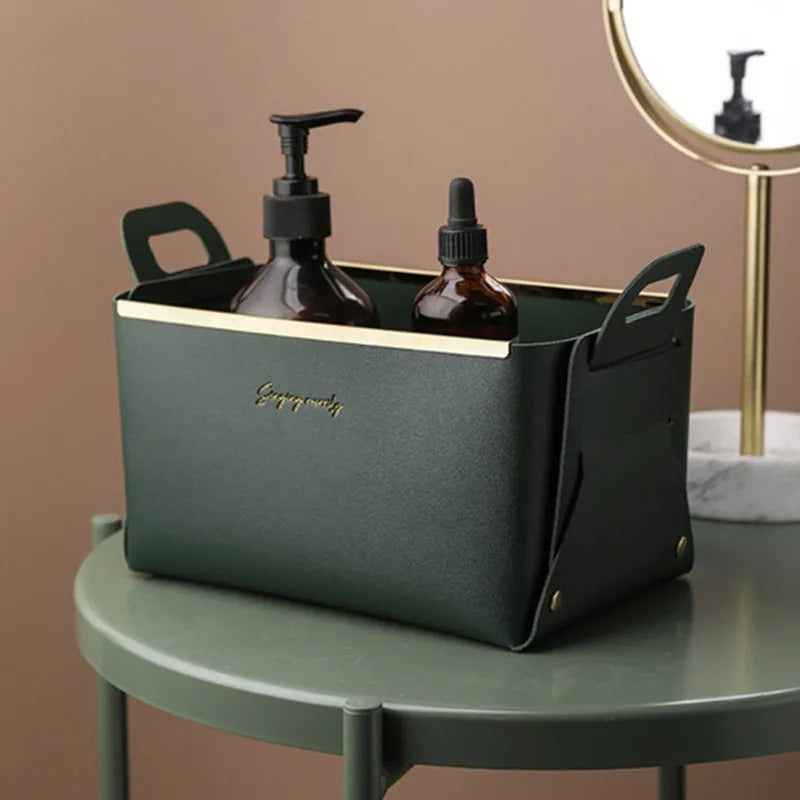 Desktop Finishing PU Leather Storage Box - Household Foldable Cosmetic Storage Basket with Handle, Sundry Key Coin Decorative Plate - Delicate Leather