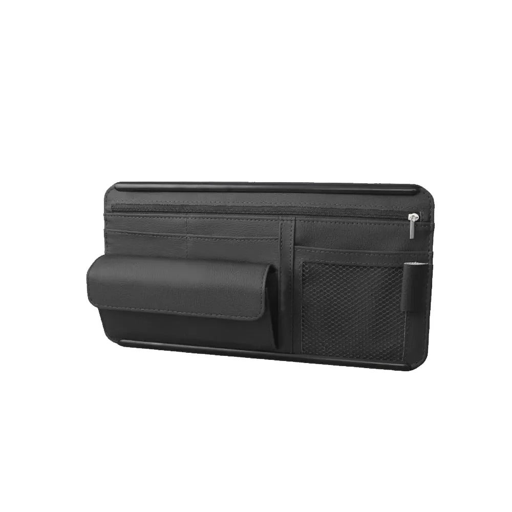 Car Sunshade Storage Bag Organizer - PU Leather Car Sun Visor Clip Stowing Box for Pen, Card, Ticket, and Sunglasses - Delicate Leather