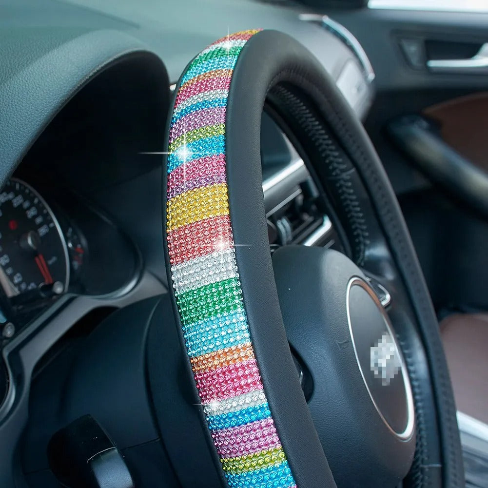 Luxury 3D Square Diamond Steering Wheel Cover – Ultra Bling Crystal PU Leather Fit for 37.5–38cm - Delicate Leather