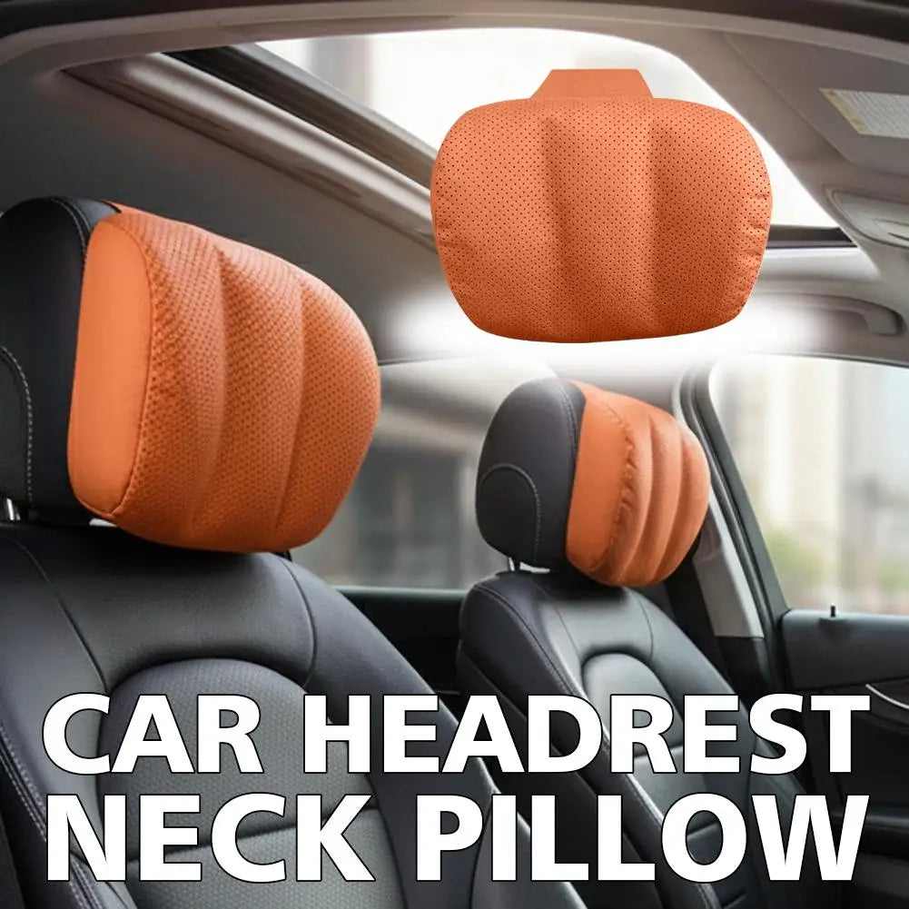 Car Headrest Neck Pillow – Memory Foam Travel Head Support Cushion, Universal Adjustable Fit - Delicate Leather
