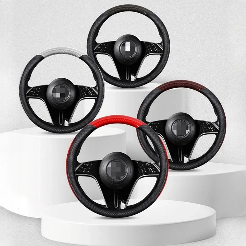 Universal Leather Steering Wheel Cover with Carbon Fiber Style – Non-Slip O/D Type, 14.5–15 Inch - Delicate Leather