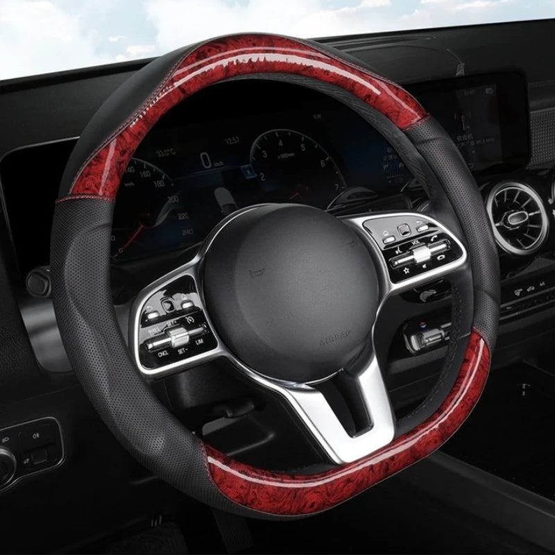 Wood Grain Steering Wheel Cover – Universal Microfiber & Carbon Fiber Leather, 3D Anti-Slip Grip, Breathable All-Season Car Accessory - Delicate Leather