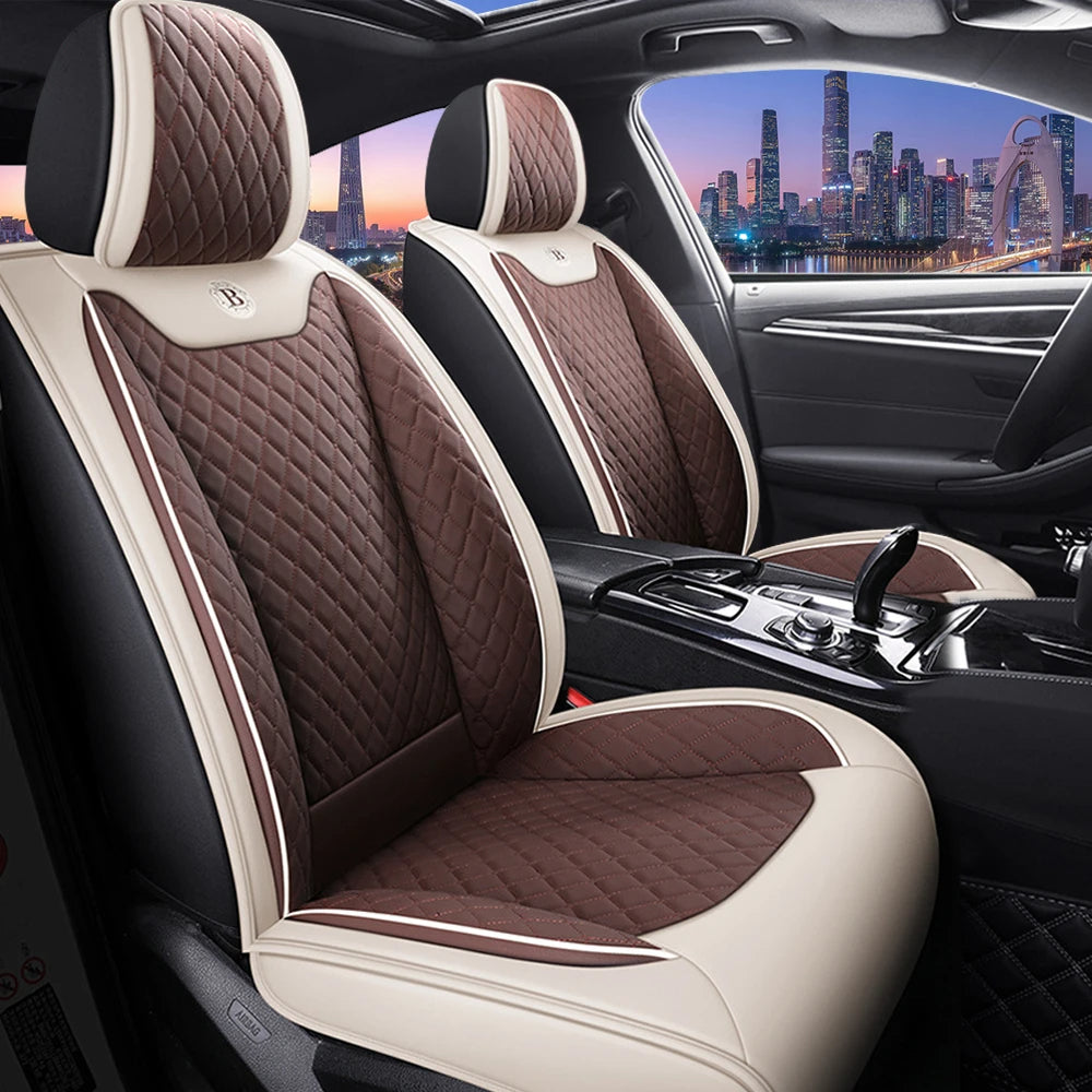Waterproof PU Leather Car Seat Covers – Five Seats, High Back Front and Rear Split Bench in White & Coffee 11 - Delicate Leather