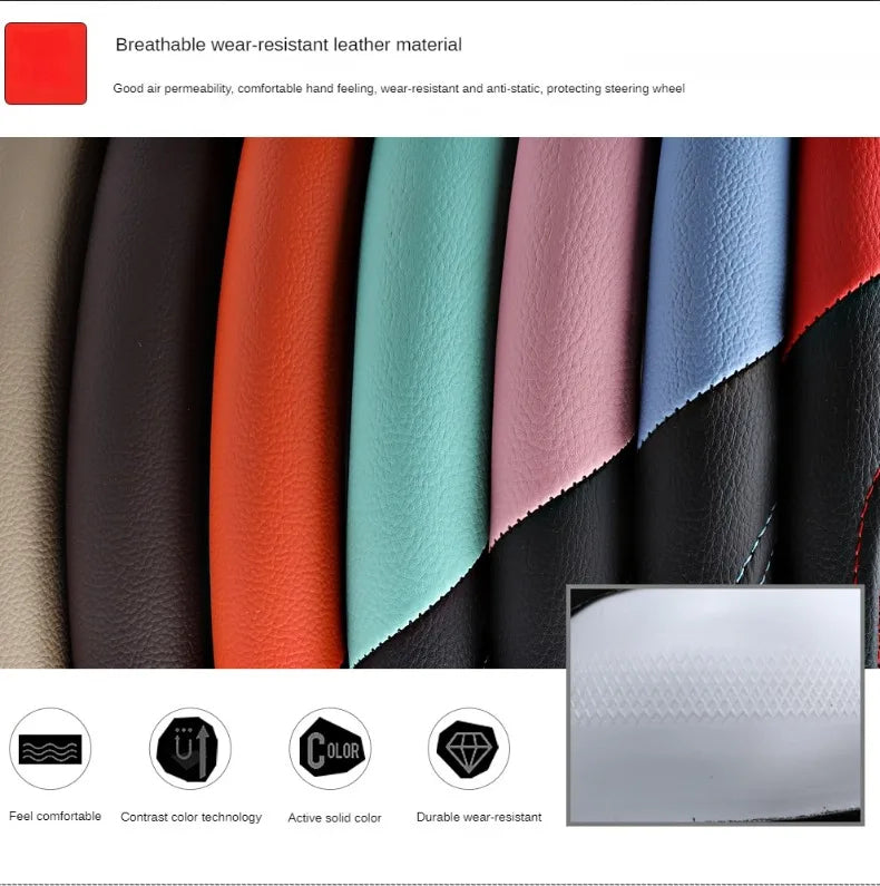 PU Leather Contrast Color Car Steering Wheel Cover Sweat Absorbent, Wear Resistant and Non-slip, Universal in All Seasons, Car Accessories 28