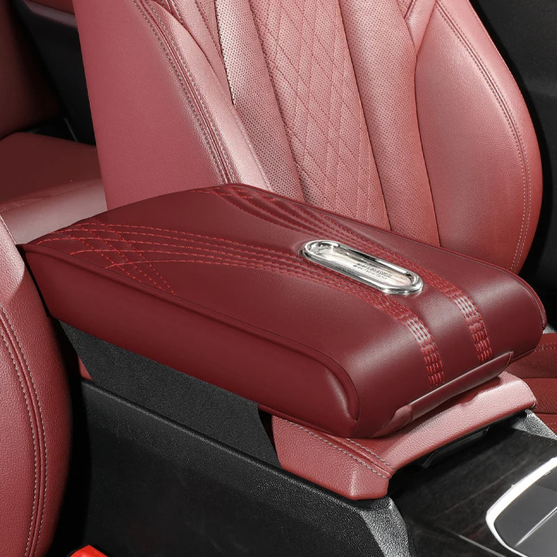 Multi-Functional Leather Car Armrest Pad, Memory Foam Heightening Cushion, Central Console Tissue Holder - Delicate Leather