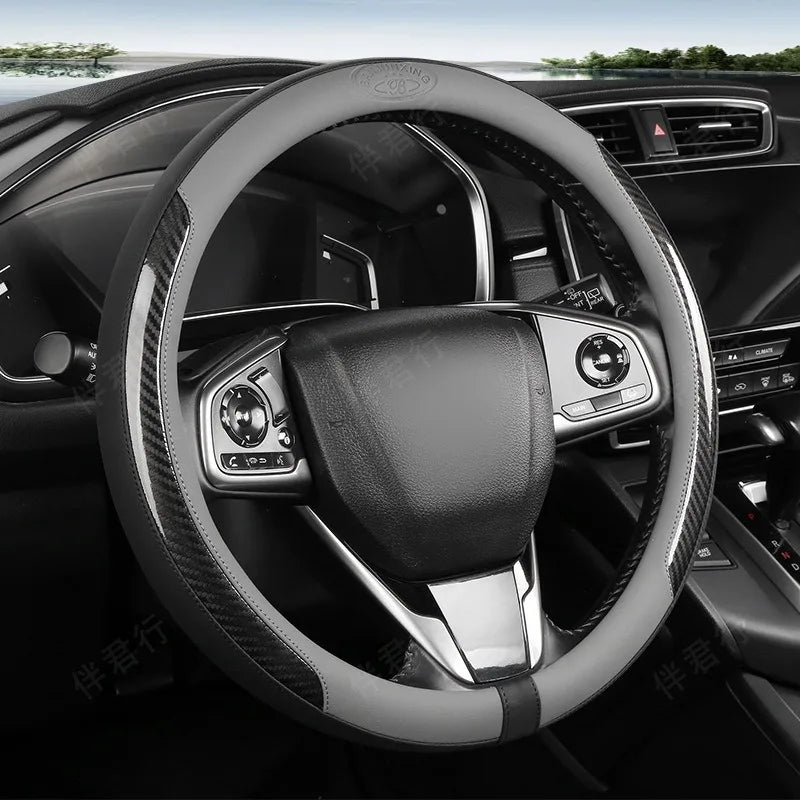 Carbon Fiber Leather Car Steering Wheel Cover – 38CM Universal Fit, Non-Slip Nappa Leather Grip, Breathable & Durable Interior Accessory - Delicate Leather