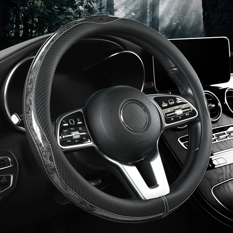 Carbon Fiber Style Steering Wheel Cover – Anti-Slip PU Leather & Wood Grain, 38cm Universal Fit - Delicate Leather