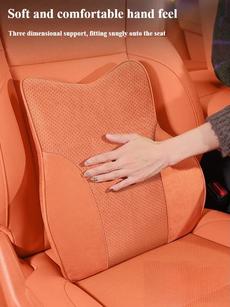 Memory Foam Car Headrest & Waist Pillow - Suede Leather Lumbar Support Seat Accessories - Neck Pillows & Back Cushion - Delicate Leather