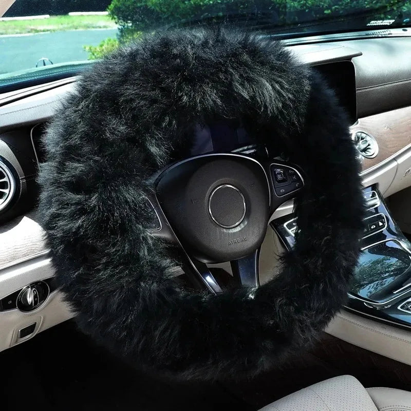 Winter Long Plush Wool Steering Wheel Cover – Soft Thick Warm Grip with Non-Slip Inner Ring, Universal O / D / Dual-D - Delicate Leather