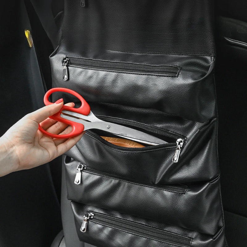 Leather Car Seat Back Roll-Up Tool Bag – Multifunction Backseat Storage Bucket & Emergency Kit Holder - Delicate Leather