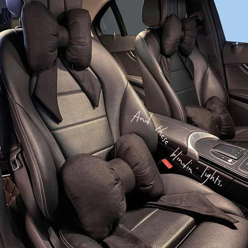 Adjustable Linen Car Headrest & Lumbar Support Pillow Set – Soft Bow Neck Cushion for Comfortable Travel and Driving Rest - Delicate Leather