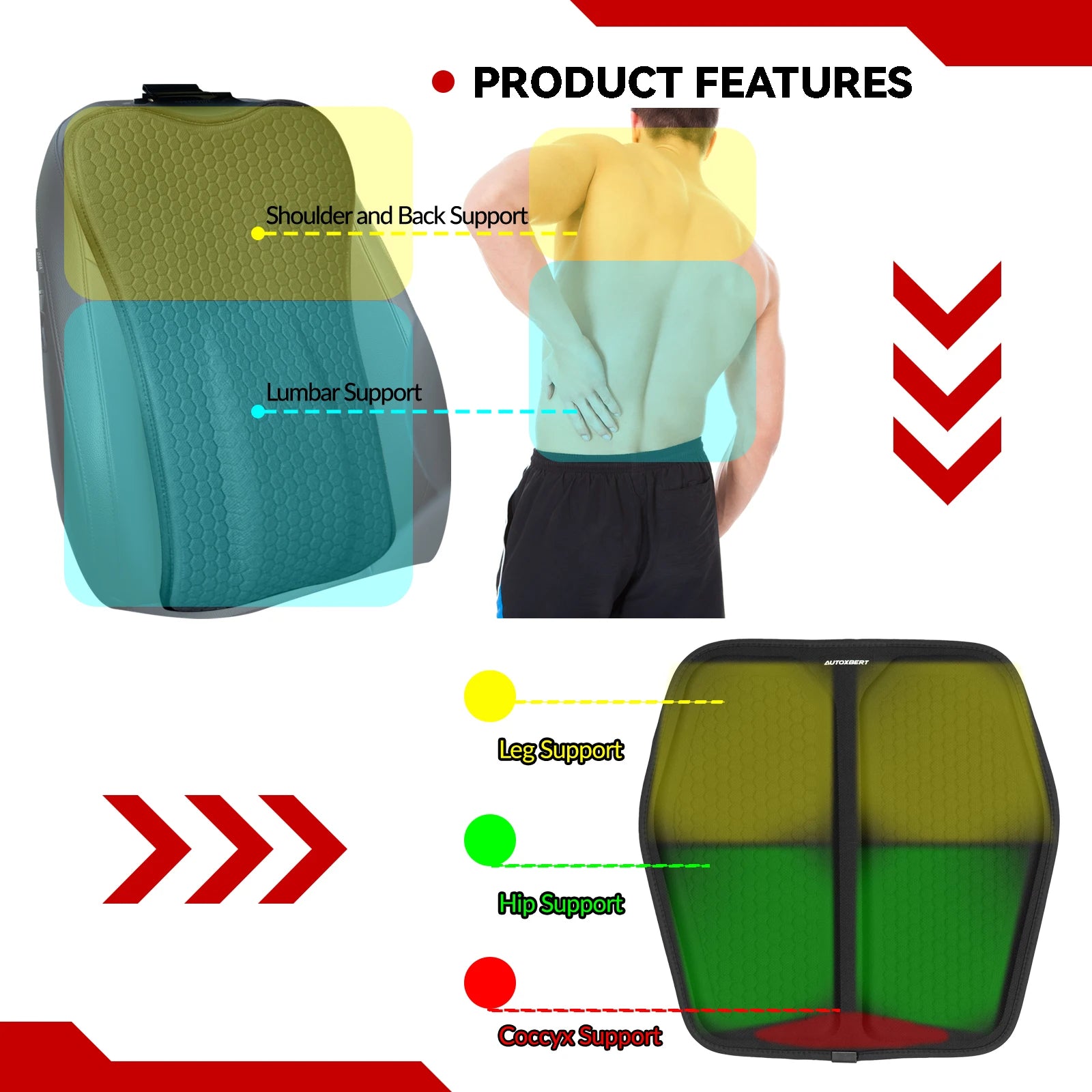 Gel Car Seat Cushion with Lumbar Support – Breathable Backrest Pillow for Drivers and Office Chairs - Delicate Leather