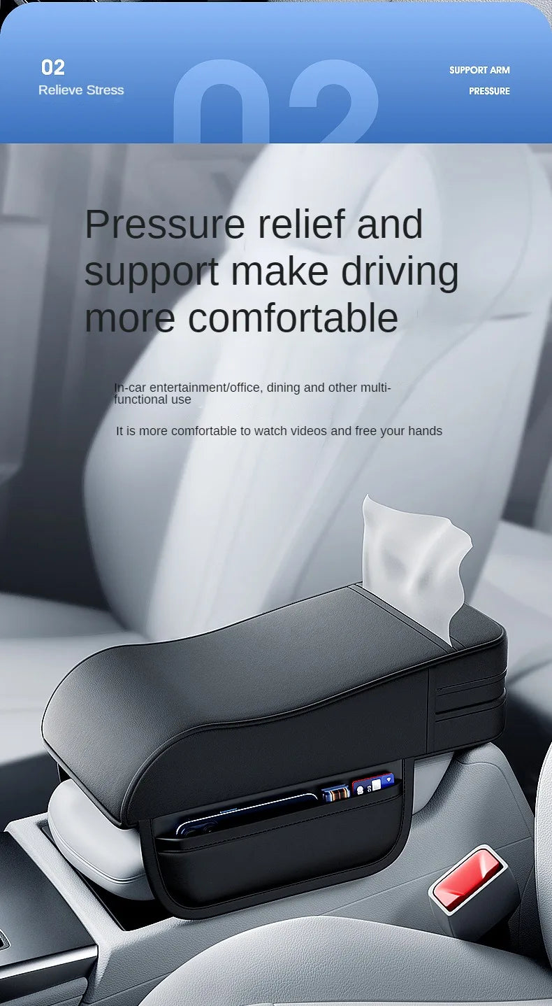 Car Armrest Cushion with Tissue Holder – Leather-Style Height Pad for Center Console - Delicate Leather