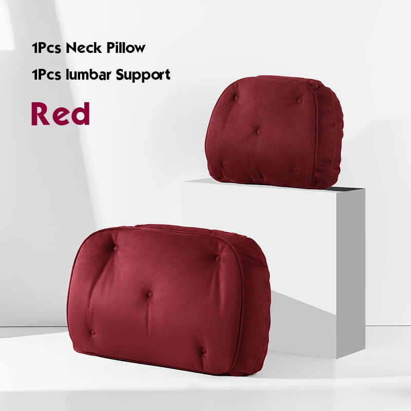 Memory Foam Car Neck Pillow & Lumbar Support Set – Breathable Seat Comfort Cushions - Delicate Leather