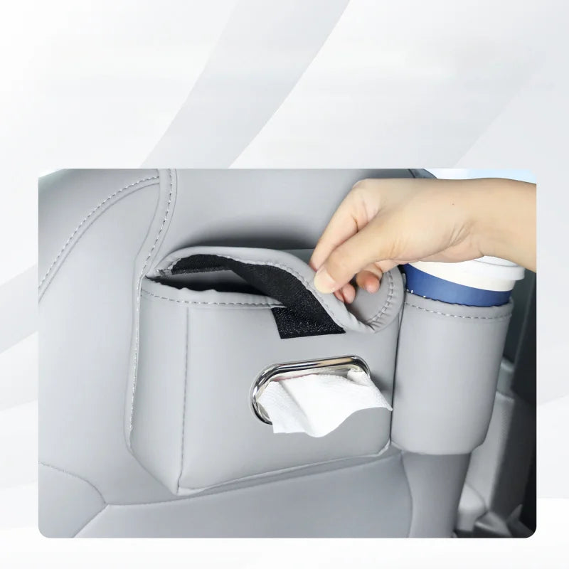 Leather Car Headrest Storage Bag – Backseat Hanging Organizer with Tissue & Cup Holder - Delicate Leather