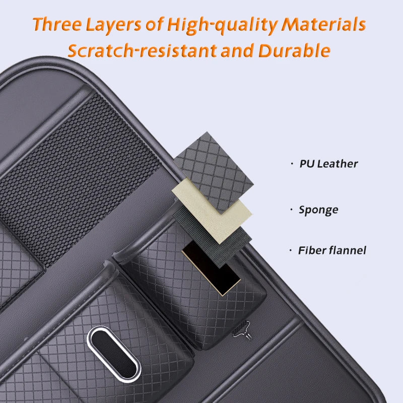 Car Backseat Organizer with Tissue Box – Black Leather Storage Bag with Pockets for Phone, Bottle, and Umbrella - Delicate Leather