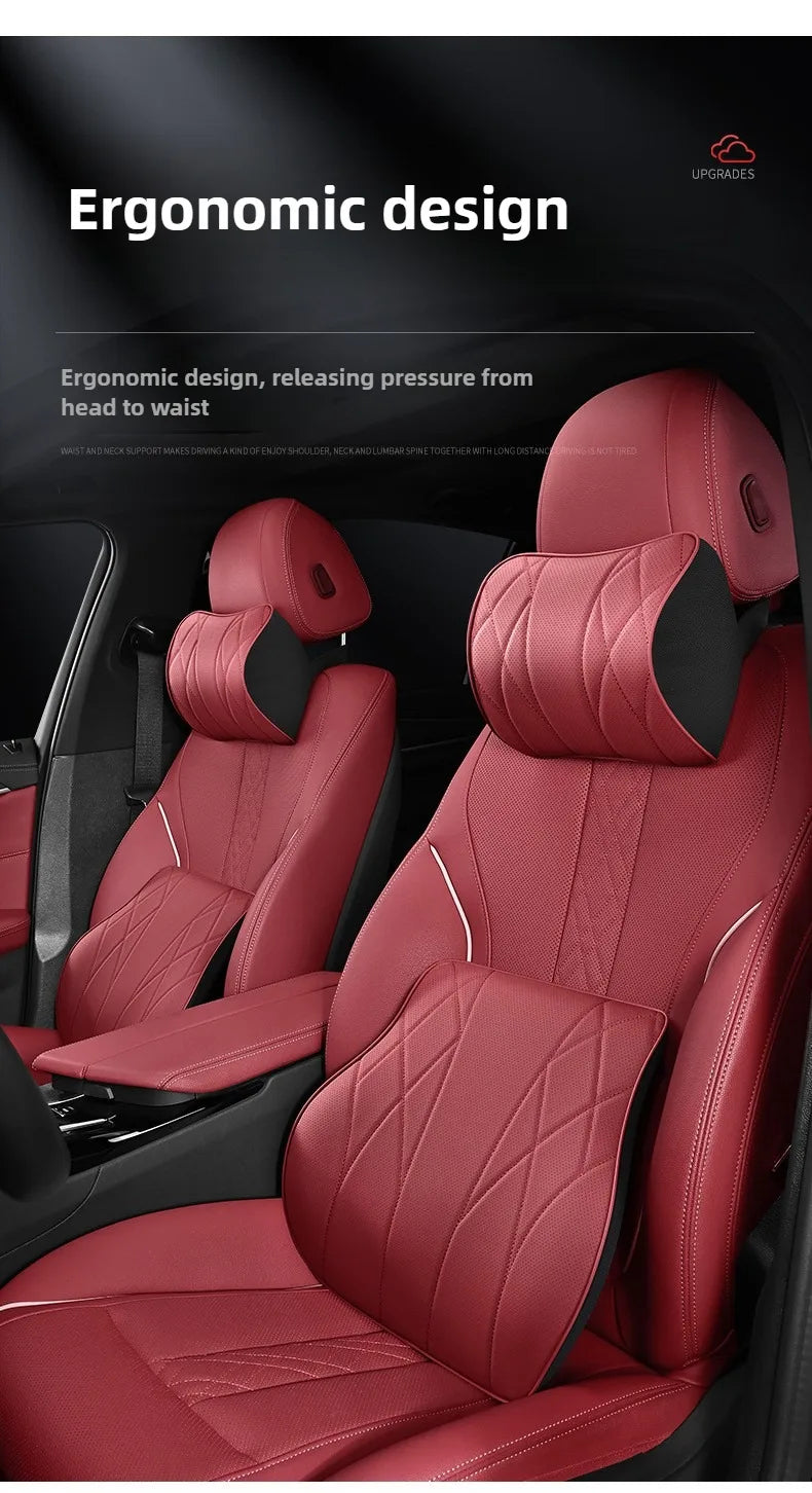 Memory Foam Car Neck & Lumbar Support Pillow Set – Leather Seat Comfort Cushions - Delicate Leather