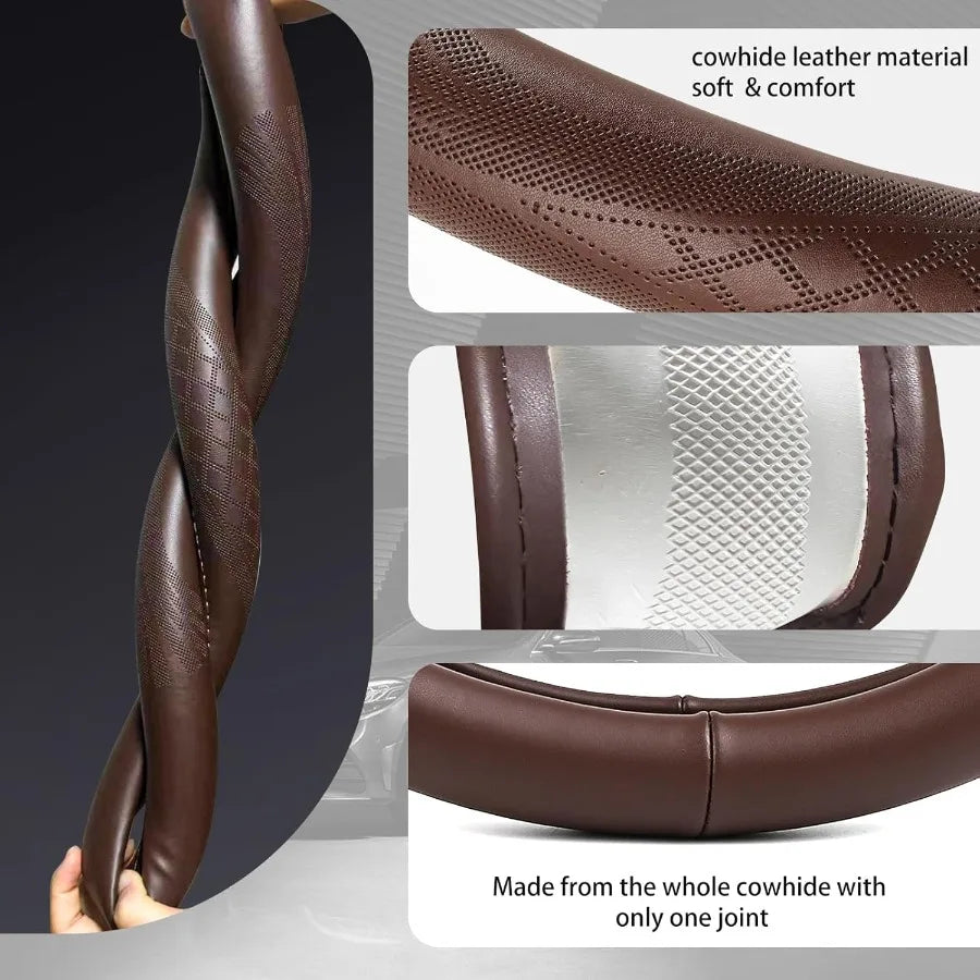 Genuine Cowhide Leather Steering Wheel Cover – Universal Fit for 37–38 cm Steering Wheels - Delicate Leather