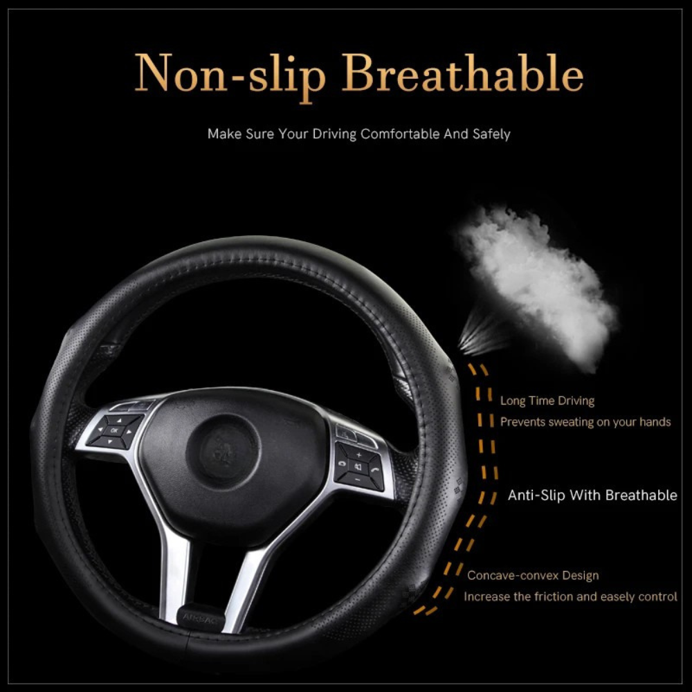 Breathable Leather Car Steering Wheel Cover – Universal 38CM, D/O Shape, Anti-Slip - Delicate Leather
