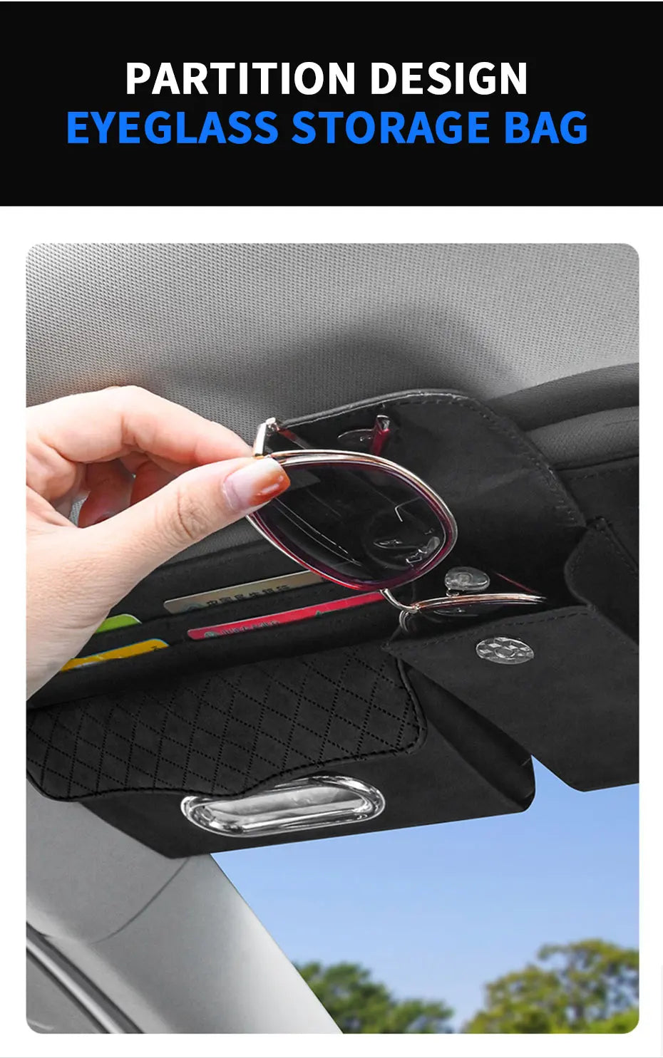 Suede Car Sun Visor Organizer – Glasses Case, Tissue Holder & Multi-Pocket Storage - Delicate Leather