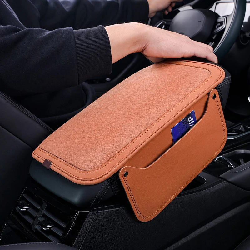 Leather Suede Car Armrest Cushion Cover – Soft Center Console Armrest Pad with Storage Pocket - Delicate Leather