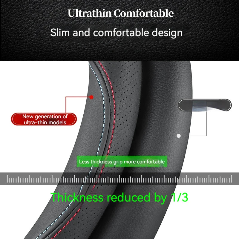 Full Leather Steering Wheel Cover – Ultra-Thin, Non-Slip, Breathable, Universal 14.5–15.5 Inch, All-Season Protection - Delicate Leather