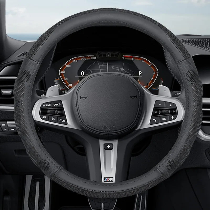 Universal Ice Silk Leather Steering Wheel Cover – 38cm Breathable Non-Slip Car Handle Cover, Four-Season Comfort Grip - Delicate Leather