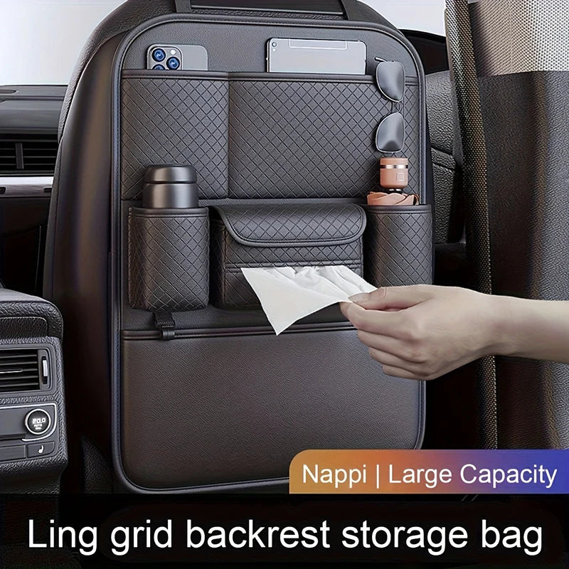 Luxury Faux Leather Car Seat Back Organizer – Spacious Car Storage Bag with Multiple Pockets, Easy Access Design - Delicate Leather