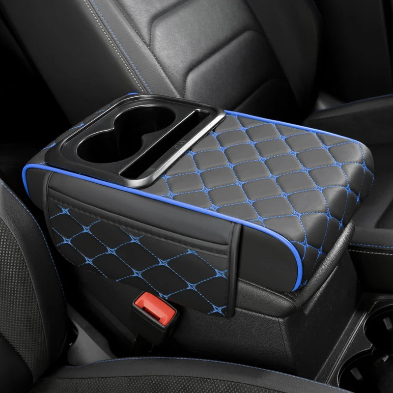PU Leather Car Center Console Armrest Cushion – Height Pad with Cup Holder and Storage Slots - Delicate Leather