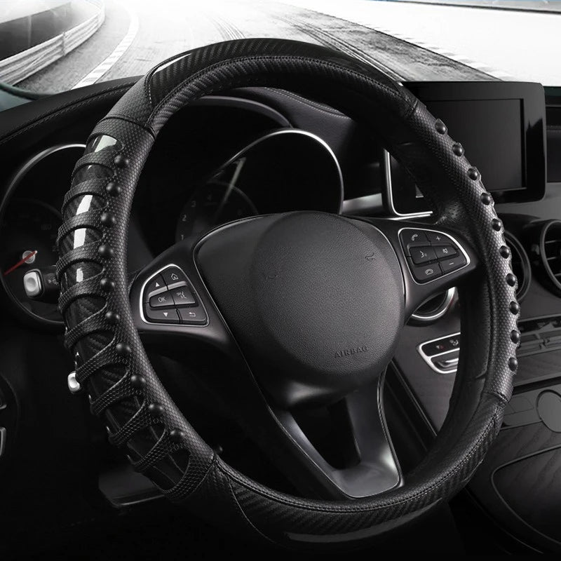 Carbon Fiber Leather Steering Wheel Cover – Universal Non-Slip Grip, Breathable Interior Car Accessory for 14.5–15 Inch Wheels - Delicate Leather