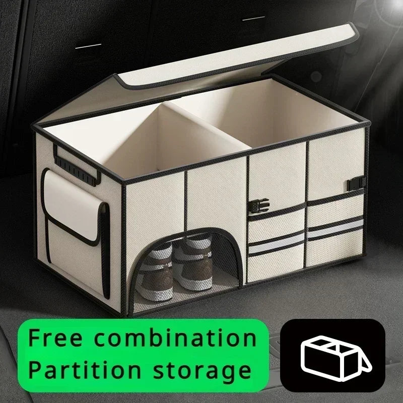Foldable Car Trunk Storage Box – Multi-Compartment 72 L Organizer Bag with Anti-Slip Base, Waterproof Oxford Fabric Cargo Organizer - Delicate Leather