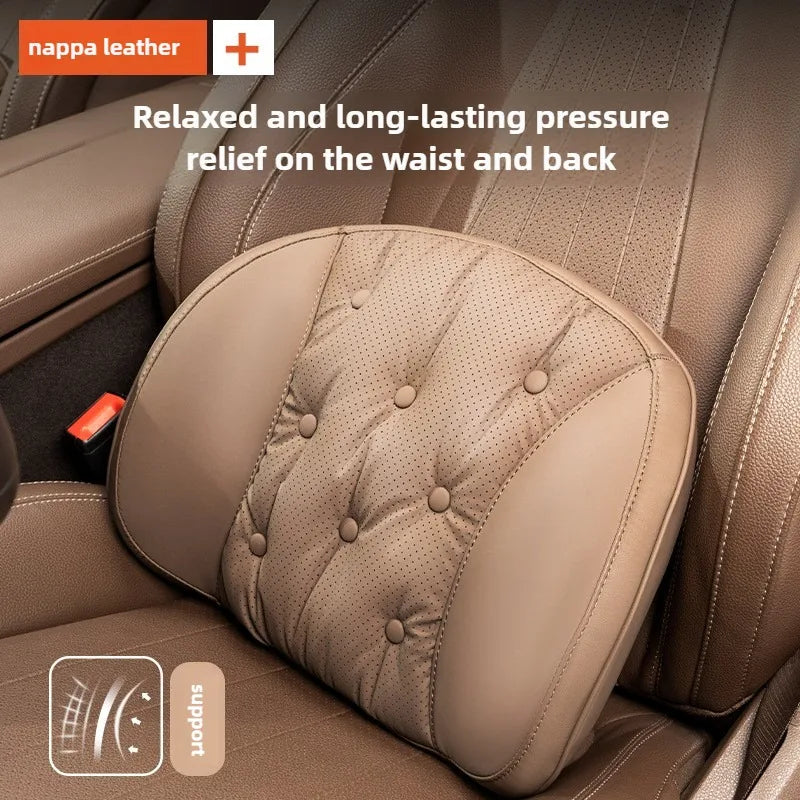 Universal Car Headrest & Lumbar Support Cushion – Nappa Leather Neck and Lumbar Pillows for Comfort - Delicate Leather