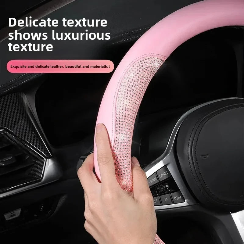 Shining Rhinestone Pink Steering Wheel Cover – Sparkling Crystal Diamond Car Interior Accessory for Women, 15-inch Universal Fit - Delicate Leather