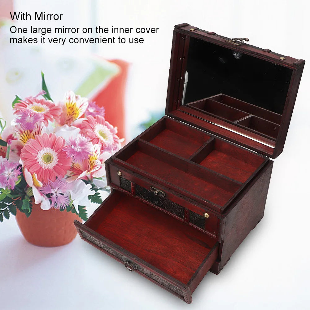 Vintage Wooden Jewelry Box with Mirror – Organizer Case for Necklaces, Earrings & Accessories