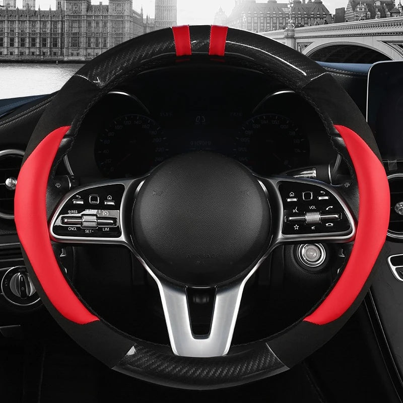 Color-Block Steering Wheel Cover – PU Leather & Suede, Carbon Fiber Style, 14.5–15 Inch Fit - Delicate Leather