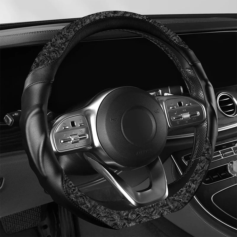 Wood Grain Leather Steering Wheel Cover – Anti-Slip, Universal Fit 14.5–15 Inch, Comfortable All-Season Grip - Delicate Leather