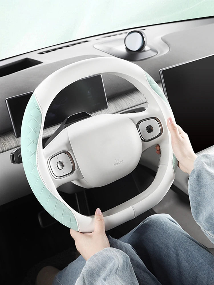 Anti-Slip Leather Steering Wheel Cover 38cm – Two-Tone Sport Style Universal Grip - Delicate Leather