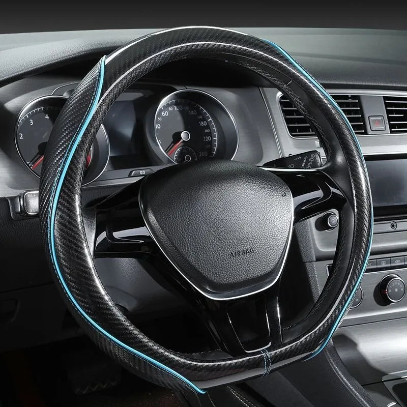 Sports Carbon Fiber Steering Wheel Cover Universal Fit – Anti-Slip Handle Cover for O / D / Double-D Steering Wheels (37–38cm) - Delicate Leather